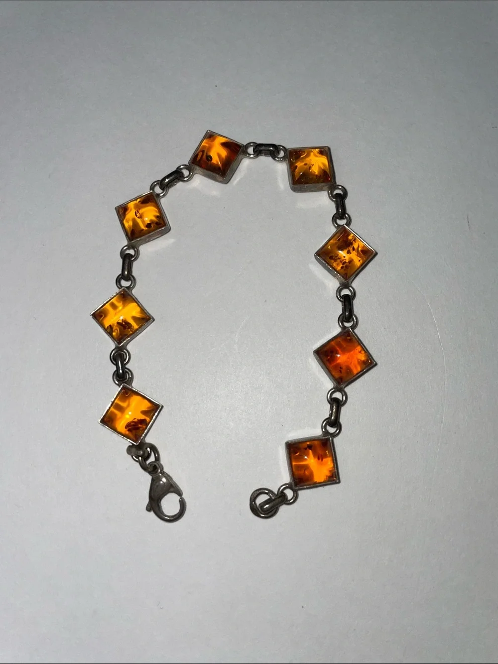 Vintage Baltic Sterling .925 Silver Orange Amber Link Bracelet.  7.25”
